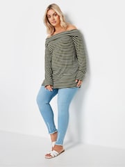 Yours Curve Green Stripe Long Sleeve Bardot Top - Image 3 of 6
