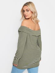 Yours Curve Green Stripe Long Sleeve Bardot Top - Image 4 of 6