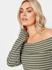 Yours Curve Green Stripe Long Sleeve Bardot Top - Image 5 of 6