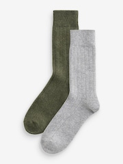Khaki Green/Grey 2 Pack Signature Lambswool with Cashmere Blend Socks - Image 1 of 4