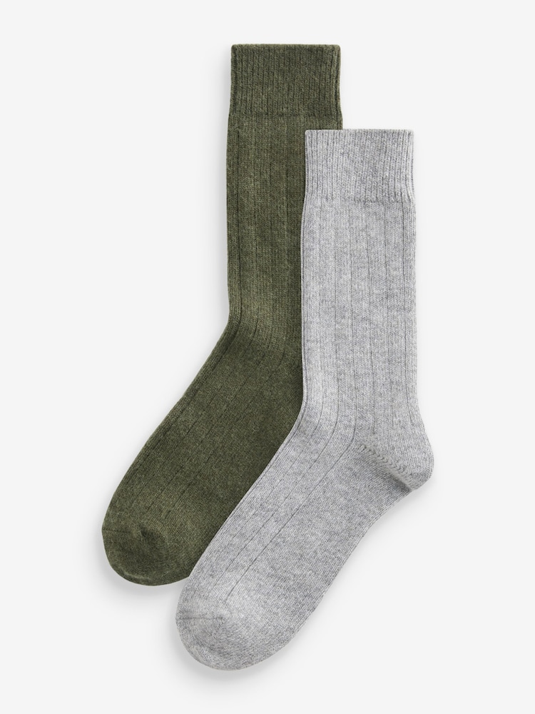 Khaki Green/Grey 2 Pack Signature Lambswool with Cashmere Blend Socks - Image 1 of 4
