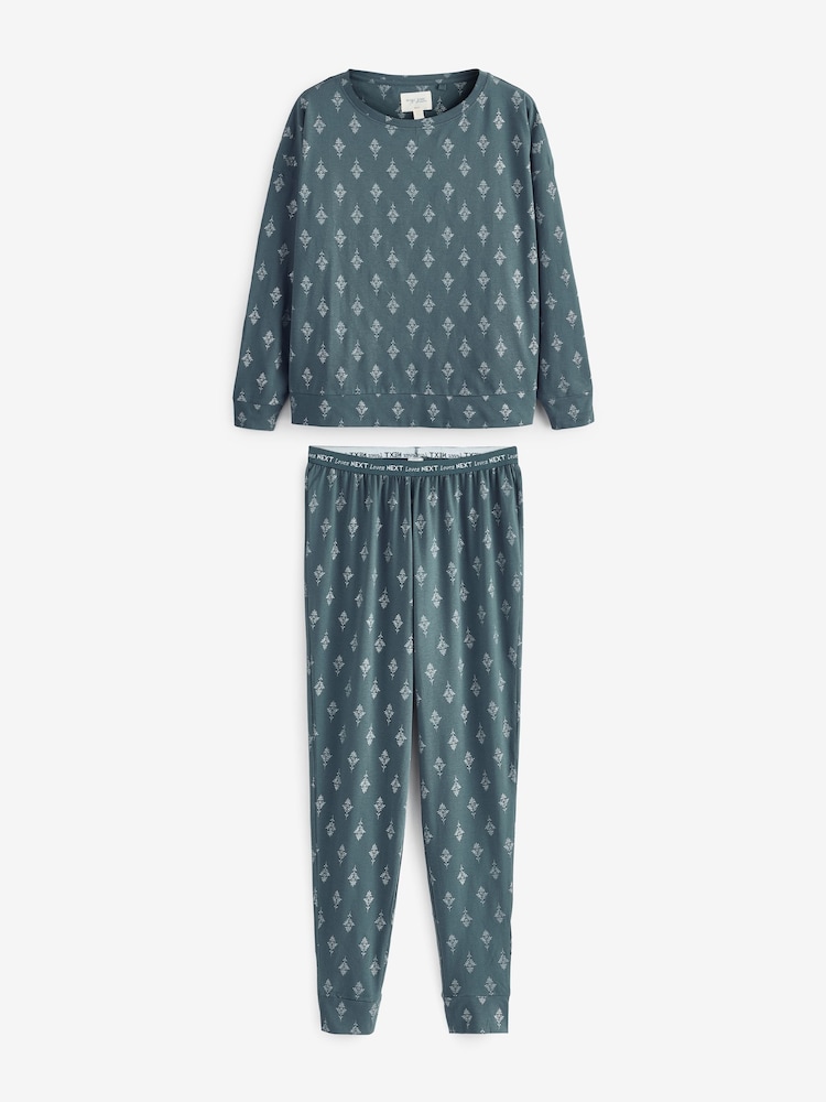 Blue/Silver Foil 100% Cotton Long Sleeve Pyjamas - Image 1 of 5