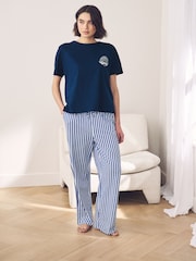 Navy Blue Stripe 100% Cotton Short Sleeve Pyjamas - Image 1 of 11