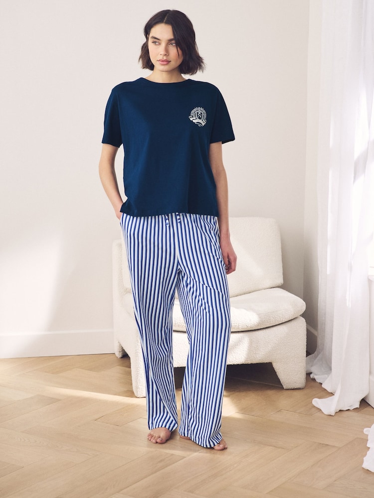 Navy Blue Stripe 100% Cotton Short Sleeve Pyjamas - Image 1 of 11