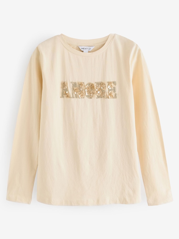 Cream Long Sleeve 100% Cotton Amore Embellished T-Shirt - Image 1 of 1