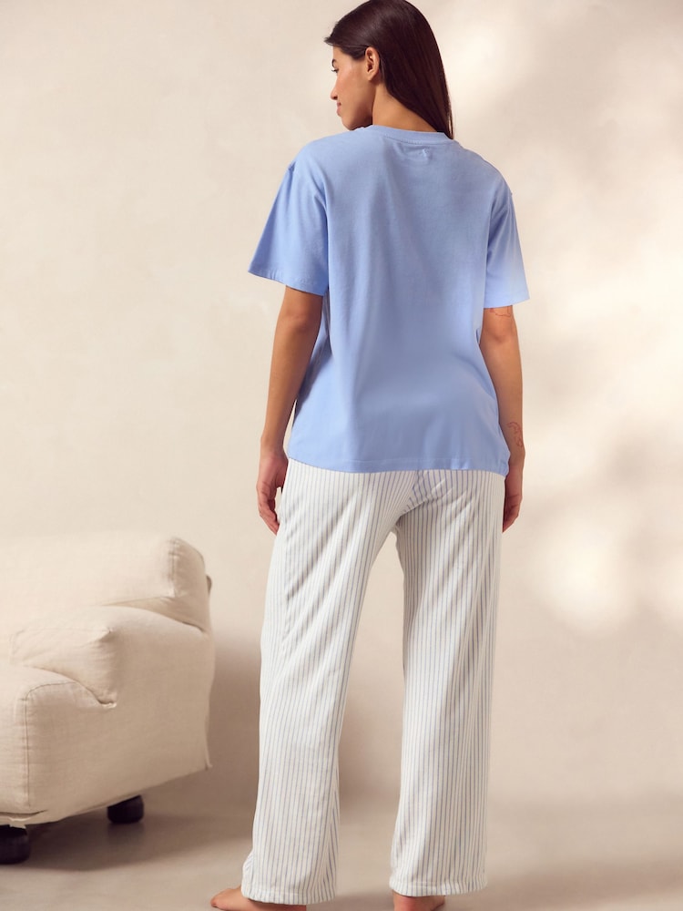 Blue Stripe Short Sleeve and Fleece Bottom Pyjamas - Image 3 of 11