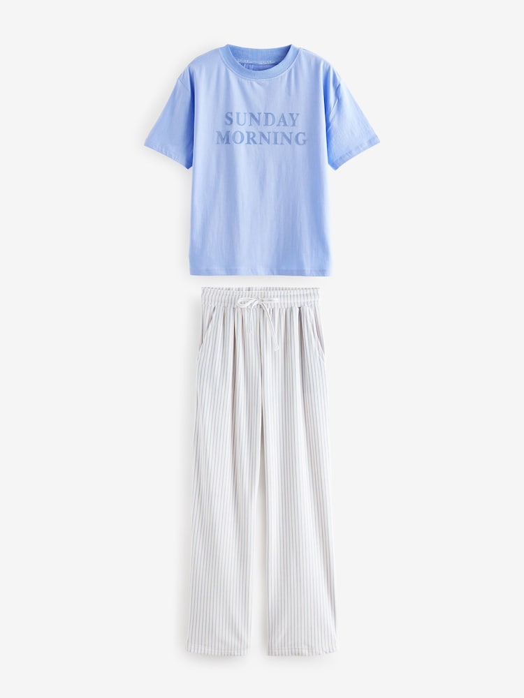 Blue Stripe Short Sleeve and Fleece Bottom Pyjamas - Image 7 of 11