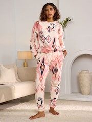 Ecru/Rosa Ikatmuster - Langärmeliger Pyjama aus 100 % Baumwolle - Bild 1 von 5