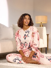 Ecru/Rosa Ikatmuster - Langärmeliger Pyjama aus 100 % Baumwolle - Bild 2 von 9