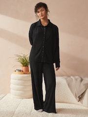 Black Plisse Button Through Pyjamas - Image 2 of 10