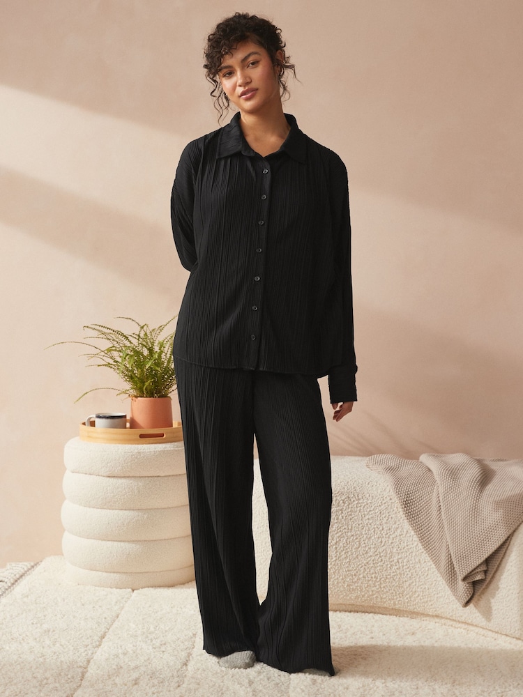 Black Plisse Button Through Pyjamas - Image 2 of 10