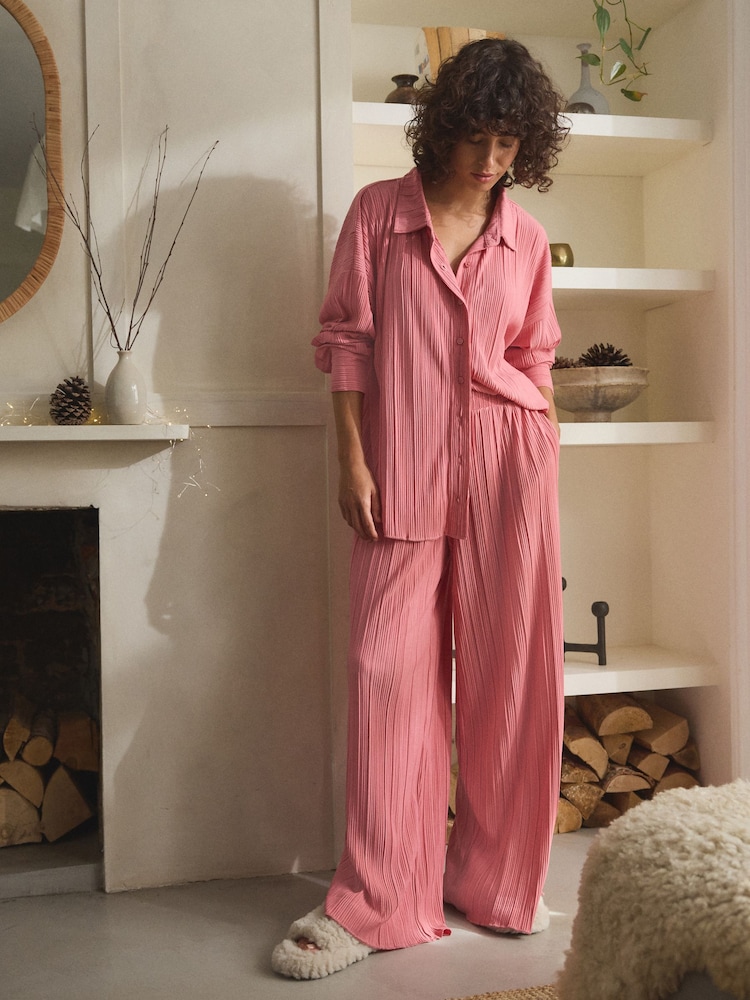 Pink Plisse Button Through Pyjamas - Image 2 of 5