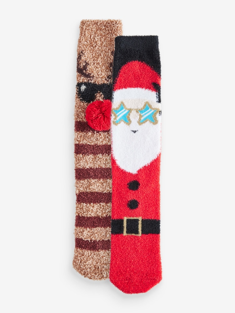 Red/Brown Cosy Christmas Bed Socks 2 Pack - Image 1 of 7