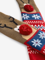Red/Brown Christmas Rudolph Slipper Socks 1 Pack - Image 1 of 5