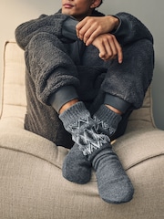 Grey Fairisle Pattern Knitted Slipper Socks 1 Pack - Image 1 of 4