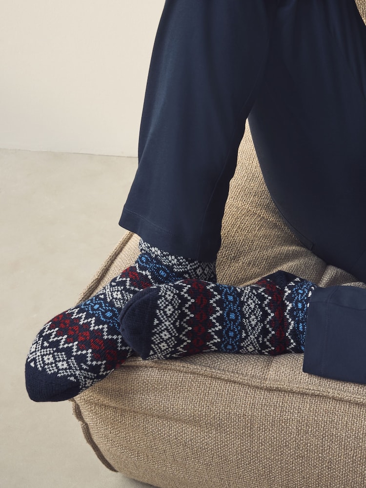 Red/Blue Fairlisle Knitted Slipper Socks 1 Pack - Image 1 of 4