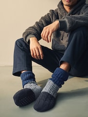 Blue/Grey Knitted Slipper Socks 1 Pack - Image 1 of 4