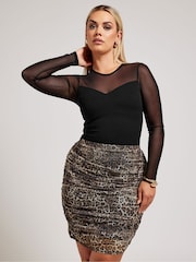 Yours Curve Brown LONDON Leopard Print Gathered Mesh Skirt - Image 1 of 5