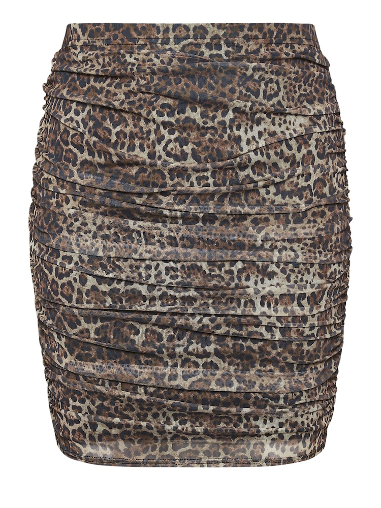 Yours Curve Brown LONDON Leopard Print Gathered Mesh Skirt - Image 5 of 5