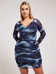 Yours Curve Purple LONDON Leopard Print Gathered Mesh Skirt - Image 1 of 5