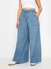 Yours Curve Blue Chambray Wide Leg Pull-Ons Trousers - Image 1 of 5