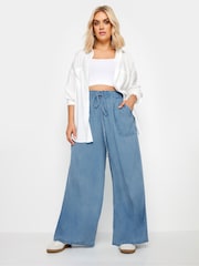 Yours Curve Blue Chambray Wide Leg Pull-Ons Trousers - Image 2 of 5