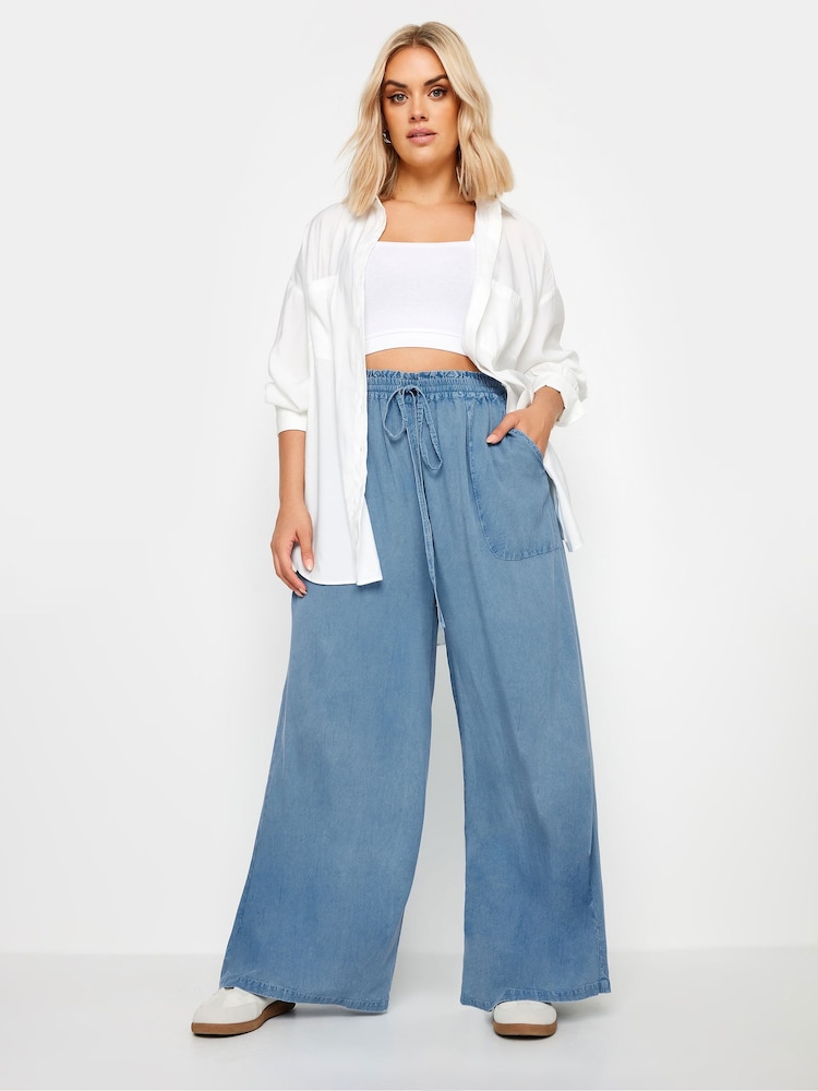 Yours Curve Blue Chambray Wide Leg Pull-Ons Trousers - Image 2 of 5