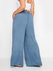 Yours Curve Blue Chambray Wide Leg Pull-Ons Trousers - Image 3 of 5