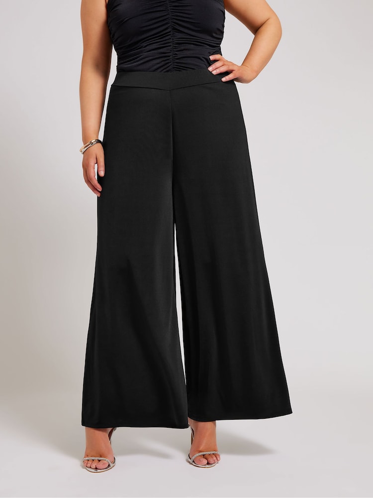 Yours Curve Black Slinky Wide Leg Trousers - Image 1 of 5