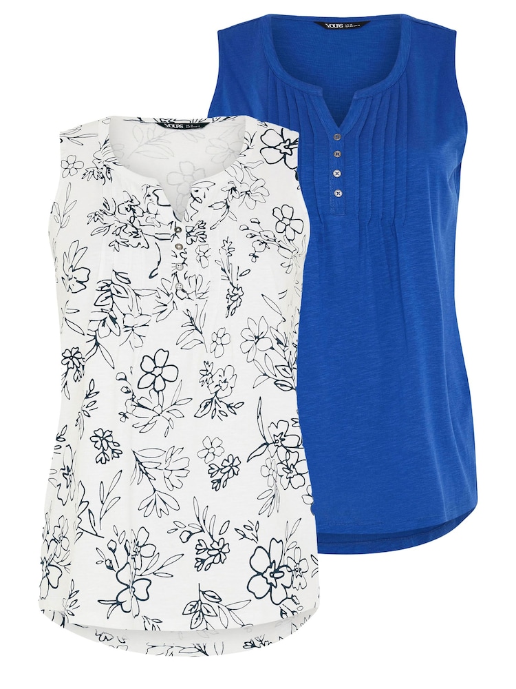 Yours Curve Blue & White Pintuck Henley 100% Cotton Vest Tops 2 Pack - Image 6 of 6
