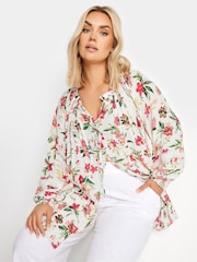 Yours Curve White Tropical Print Tie Front Crochet Top - Image 1 of 5