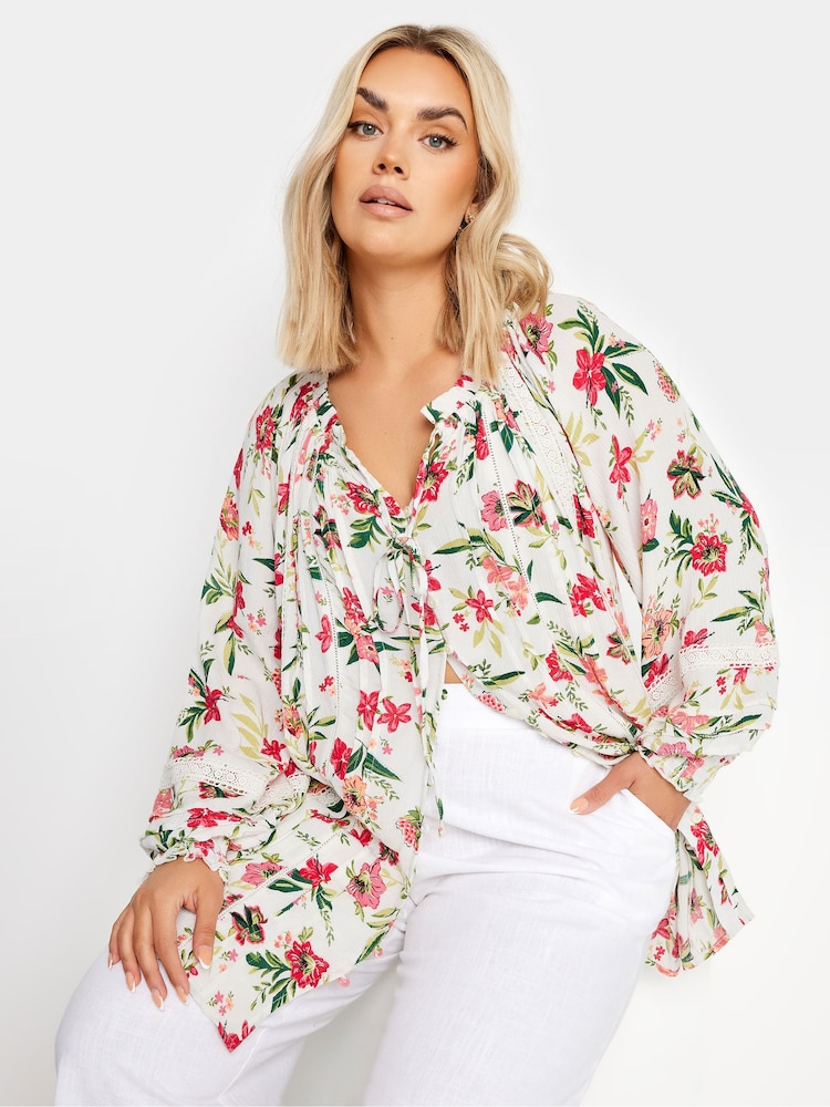 Yours Curve White Tropical Print Tie Front Crochet Top - Image 1 of 5