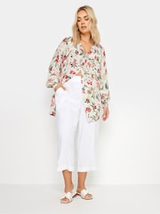 Yours Curve White Tropical Print Tie Front Crochet Top - Image 2 of 5