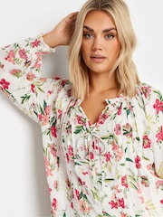 Yours Curve White Tropical Print Tie Front Crochet Top - Image 4 of 5