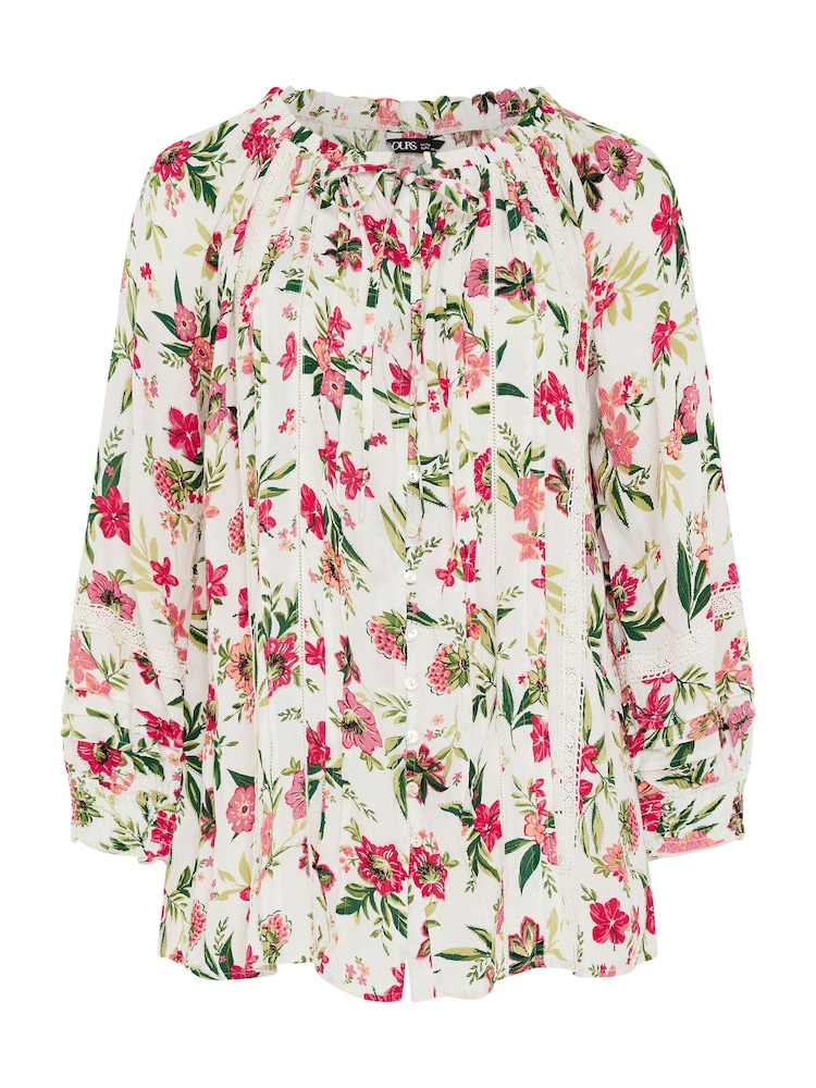 Yours Curve White Tropical Print Tie Front Crochet Top - Image 5 of 5