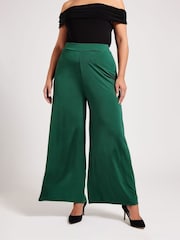 Yours Curve Green Slinky Wide Leg Trousers - Image 1 of 6