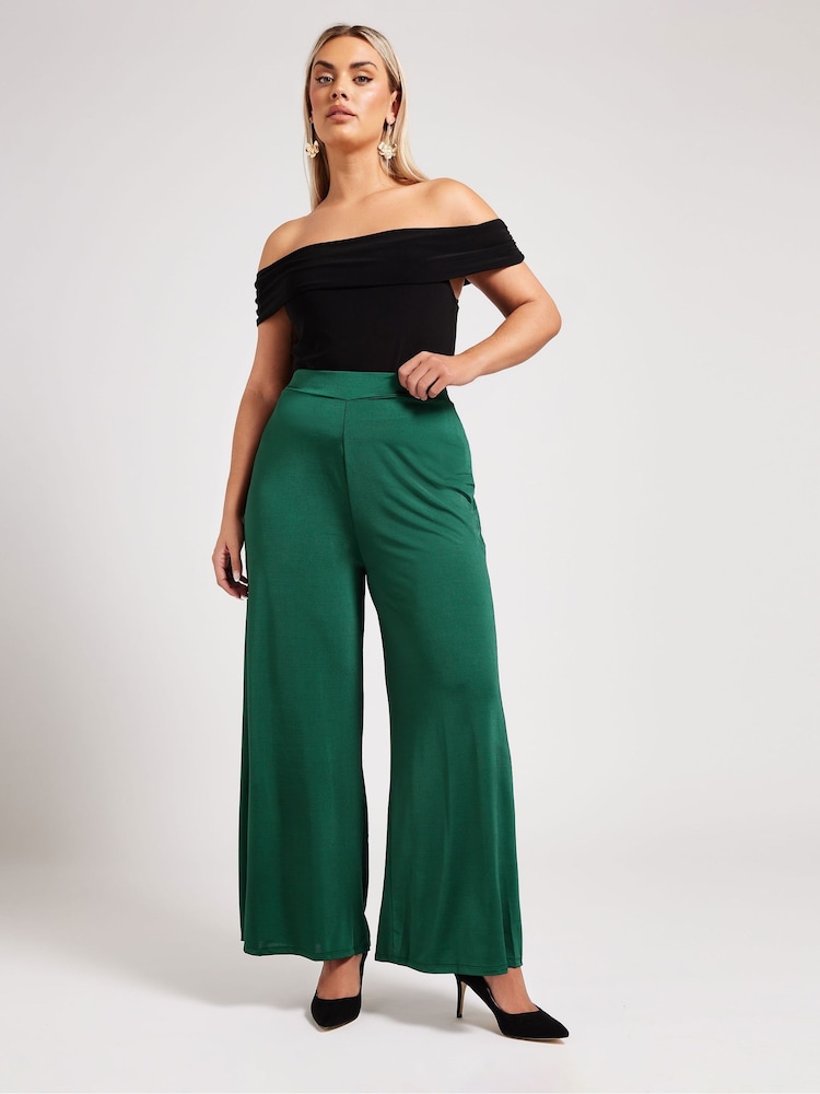 Yours Curve Green Slinky Wide Leg Trousers - Image 2 of 6