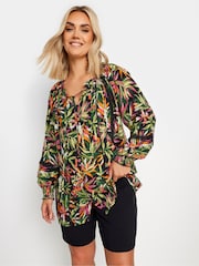 Yours Curve Black Tropical Print Tie Front Crochet Top - Image 1 of 5