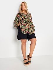 Yours Curve Black Tropical Print Tie Front Crochet Top - Image 2 of 5