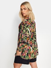 Yours Curve Black Tropical Print Tie Front Crochet Top - Image 3 of 5
