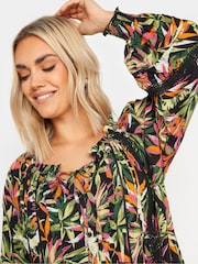 Yours Curve Black Tropical Print Tie Front Crochet Top - Image 4 of 5