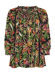 Yours Curve Black Tropical Print Tie Front Crochet Top - Image 5 of 5