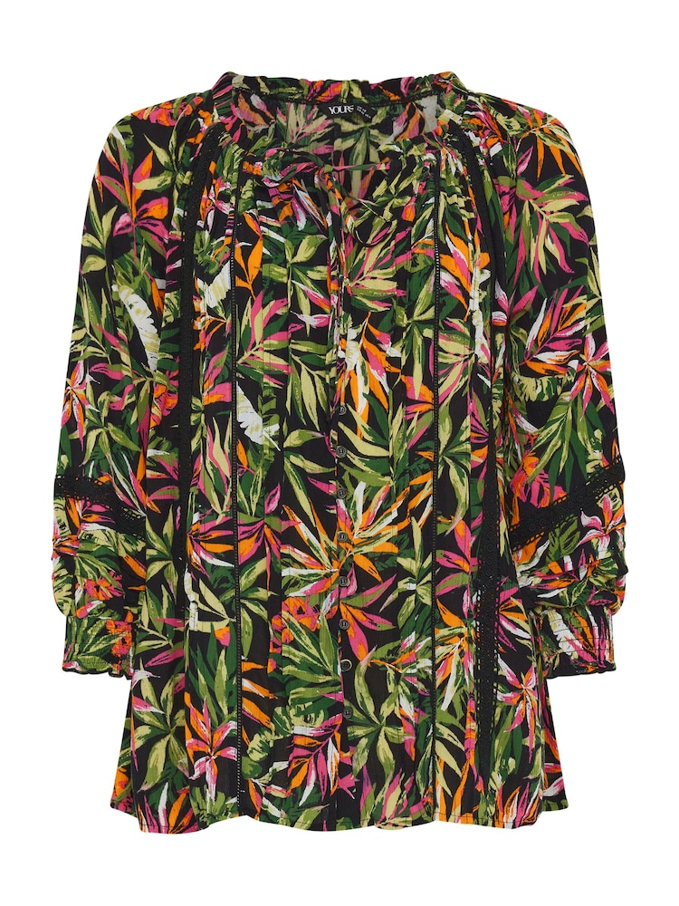 Yours Curve Black Tropical Print Tie Front Crochet Top - Image 5 of 5