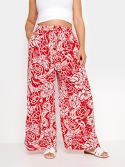 Yours Curve Red Floral Print Crinkle Drawstring Trousers - Image 1 of 5