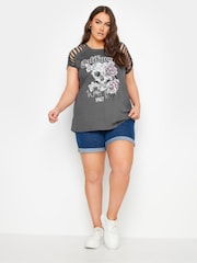 Yours Curve Grey 100% Cotton California Laser Cut T-Shirt - Image 2 of 5