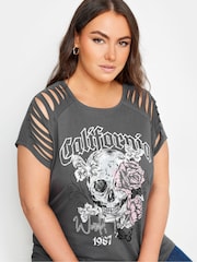 Yours Curve Grey 100% Cotton California Laser Cut T-Shirt - Image 4 of 5