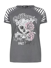 Yours Curve Grey 100% Cotton California Laser Cut T-Shirt - Image 5 of 5