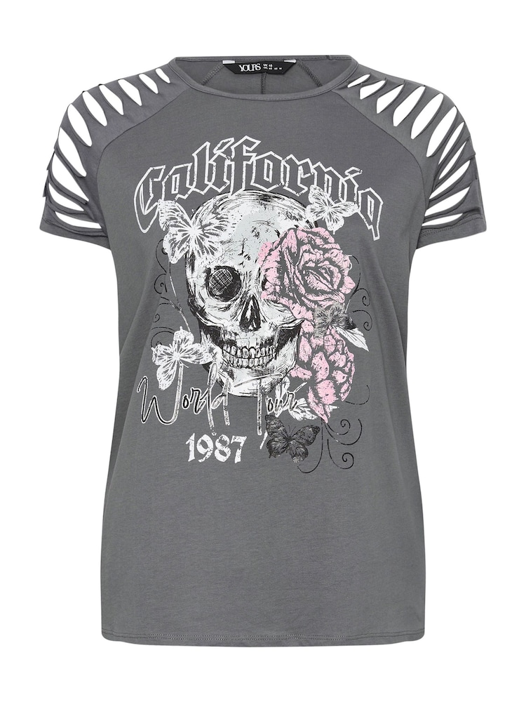 Yours Curve Grey 100% Cotton California Laser Cut T-Shirt - Image 5 of 5