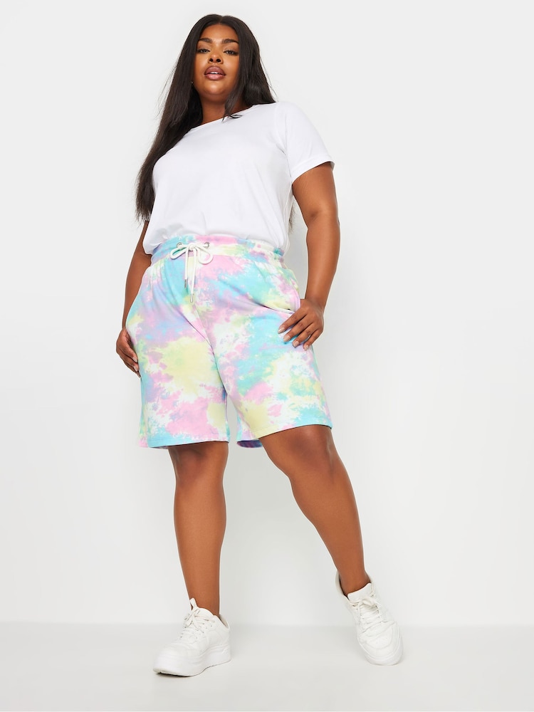 Yours Curve Pink Tie Dye Joggers Shorts - Image 2 of 5