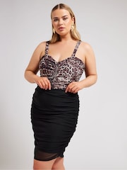 Yours Curve Black LONDON Leopard Print Gathered Mesh Skirt - Image 1 of 5
